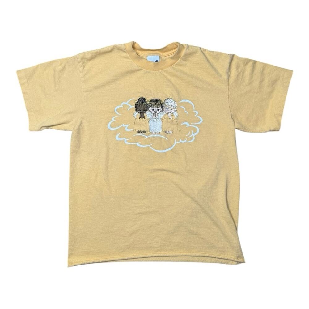 Vintage 90s Single Stitch Cherub Embroidered Angel T-Shirt Yellow Anvil Medium